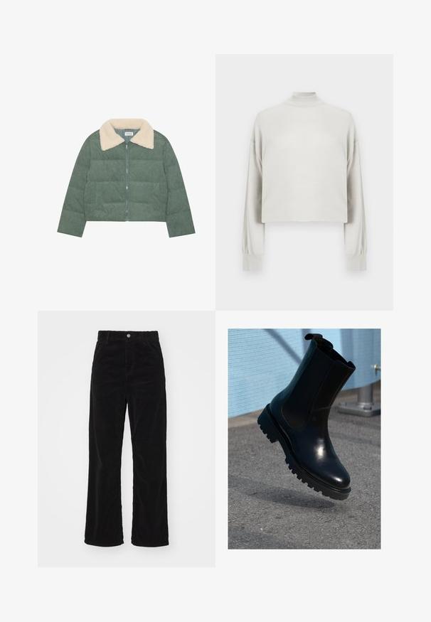 Grønne kordfløjl pufferjakke med frontal lynlås og en fløjlsblød krave i cremefarve, lange ærmer og en cropped pasform.; Kort lys grå sweater med høj halsudskæring og lange, let fyldige ærmer, lavet af et glat, blødt stof.; Sorte fløjl brede bukser med høj talje, der har en frontknap- og lynlås lukning, samt lodrette ribbede tekstur over hele.; Sort ankelstøvle i læder med elastiske sidepaneler, rund tå og en tyk, tekstureret sål. Glat finish med et minimalistisk design.