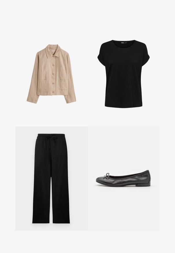 Veste beige à manches longues avec boutons sur le devant, deux poches frontales et un col pointu, fabriquée en tissu tissé léger.; T-shirt noir à manches courtes en tissu doux, avec un col rond, une coupe décontractée et des manches retroussées. Texture lisse, design simple.; Pantalon noir à jambes larges avec ceinture élastique et cordon, devant plat et coupe droite, suspendu sur fond blanc.; Ballerines en cuir noir avec un bout rond, un petit nœud décoratif sur le devant et un petit talon rectangulaire. Texture lisse.