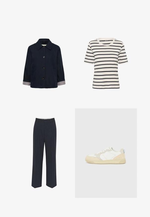 Veste bleu marine à boutons avec large col et manches repliées montrant une doublure à carreaux bleus, blancs et rouges.; T-shirt à manches courtes et col rond en coton crème avec des rayures horizontales marine. Présente un ourlet droit et un design simple et épuré.; Pantalons bleu marine avec des rayures verticales blanches, design à jambes larges, tissu lisse, passants de ceinture et pli sur le devant pour un look ajusté.; Baskets blanches et beiges avec dessus en suède et textile, présentant des coutures contrastées, une semelle en caoutchouc et un accent bleu clair sur le talon.