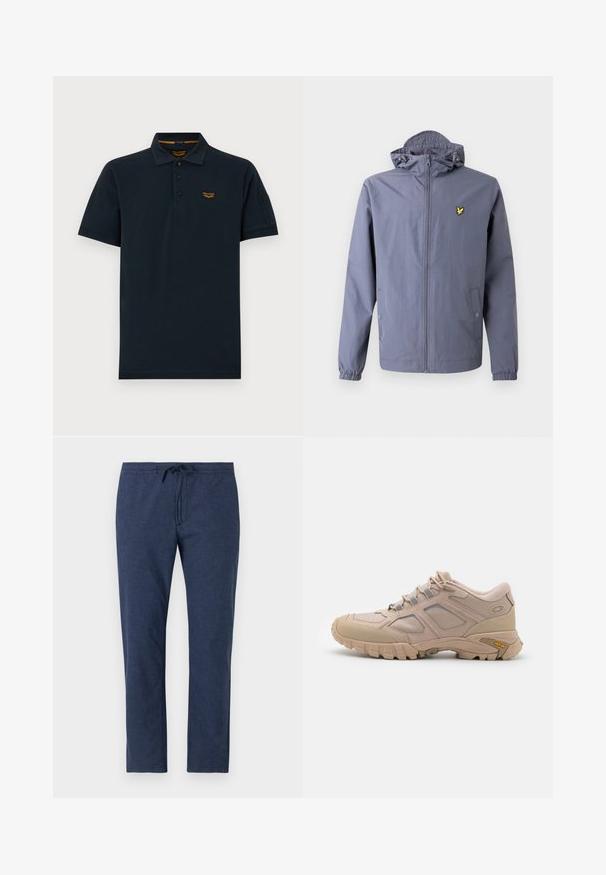 Letvægtsjakke i gråt stof med lynlås foran, justerbar hætte, elastiske ærmeafslutninger og et lille gult logo på brystet.; Mørk navy kortærmet poloshirt med tre knapper, krave og lille orange PME Legend logo på venstre bryst.; Marineblå bukser lavet af letvægtsstof, med elastisk talje og snoretræk samt lige ben-design.; Beige sportsko med en tekstureret mesh-overdel, syntetisk overlay og en Vibram-sål. Har snøresystem og detaljer på sidepanelet.