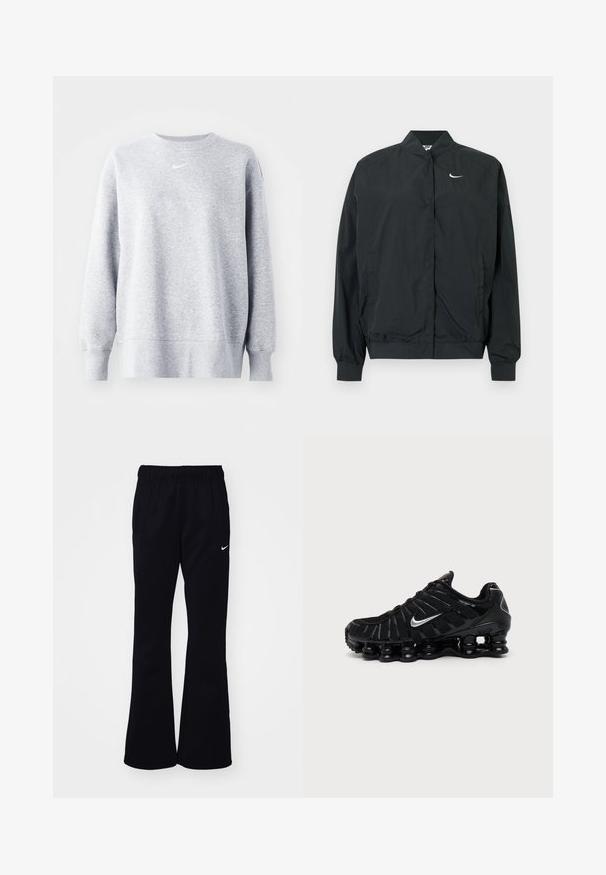 Čierna bunda Nike s ľahkou, hladkou textúrou. Má vysoký golier, zapínanie na cvočky vpredu a malý biely logo na hrudi.; Šedá mikina so zaobleným výstrihom, dlhými rukávmi, rebrovanými manžetami a lemom, s malým bielym logom Nike na hrudi. Mäkká, štruktúrovaná tkanina.; Čierne tepláky s elastickým pásom, rozšírenými nohavicami, dvoma bočnými vreckami a bielym logom Nike na ľavej strane.; Čierna Nike športová obuv so strieborným logom Swoosh, sieťovinovým a syntetickým zvrškom a výraznou segmentovanou podrážkou s poduškami.