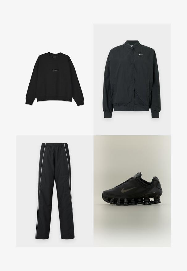Μαύρο μπουφάν Nike με ελαφριά, απαλή υφή. Διαθέτει ψηλό γιακά, κλείσιμο με κουμπιά μπροστά και μικρό λευκό λογότυπο στο στήθος.; Μαύρη φούτερ μπλούζα με στρογγυλή λαιμόκοψη και ριμπ μανίκια. Διαθέτει λευκό λογότυπο "PEGADOR" μπροστά. Κατασκευασμένη από μαλακό ύφασμα με άνετη εφαρμογή.; Μαύρο αθλητικό παντελόνι με λευκές πλαϊνές ρίγες, ελαστική μέση και λογότυπο της Nike στο δεξί μηρό, εμφανιζόμενο πάνω σε λευκό φόντο.; Μαύρο αθλητικό παπούτσι Nike με φερμουάρ στο πάνω μέρος και χαρακτηριστική σόλα με τμηματικές ελαστικές άνοιξη, παρουσιάζεται σε πλάγια όψη πάνω σε ουδέτερο φόντο.