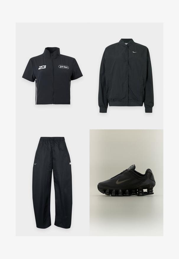 Veste Nike noire avec une texture légère et lisse. Dispose d'un col montant, d'une fermeture par boutons-pression à l'avant et d'un petit logo blanc sur la poitrine.; Veste noire zippée manches courtes avec col montant, "23" blanc sur la poitrine gauche et logo "jordan" sur la poitrine droite.; Pantalon de sport ample noir en matière légère. Comprend une taille élastique, un cordon de serrage ajustable et des accents de logo.; Baskets Nike noires avec tige zippée et semelle segmentée distinctive en forme de ressort, présentées de profil sur un fond neutre.