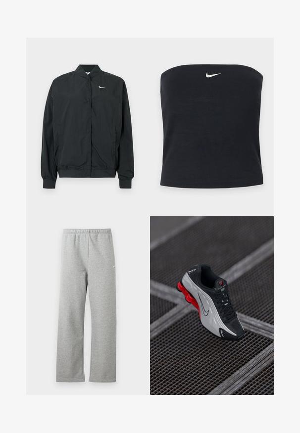 Sort Nike-jakke med en let, glat tekstur. Den har høj krave, frontlukning med trykknapper og et lille hvidt logo på brystet.; Sort Nike strapless tube top med hvid Swoosh-logo centreret nær den øverste kant, ensfarvet baggrund.; Lysegrå joggingbukser med elastisk talje og lille hvidt Nike-logo på øverste lår, vist fladt mod en hvid baggrund.; Sort og grå atletisk sko med rød polstret sål, sorte snørebånd og swoosh-logo hvilende på metalgitteroverflade.