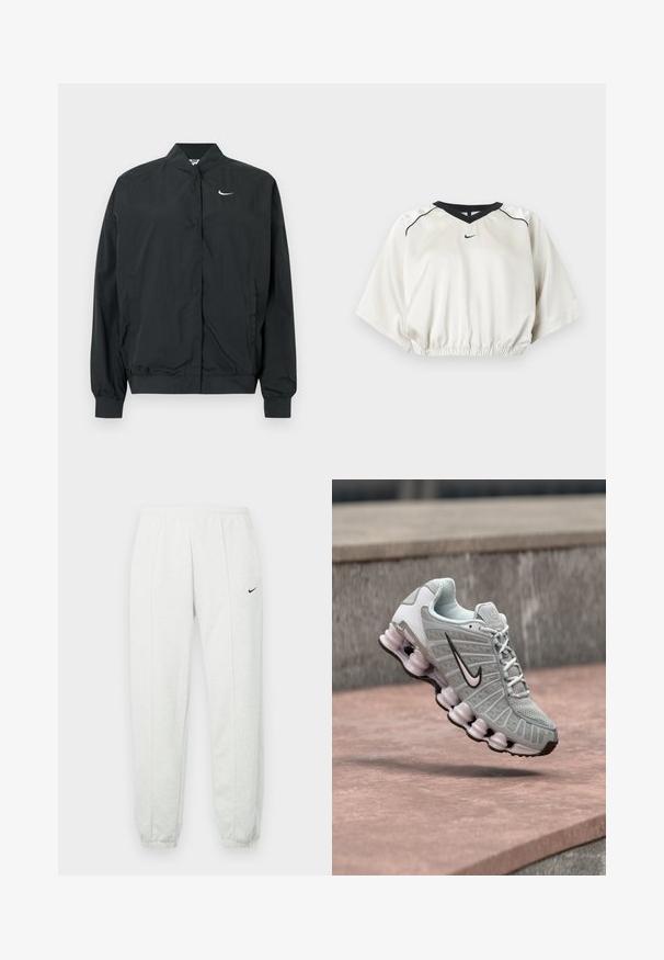 Μαύρο μπουφάν Nike με ελαφριά, απαλή υφή. Διαθέτει ψηλό γιακά, κλείσιμο με κουμπιά μπροστά και μικρό λευκό λογότυπο στο στήθος.; Λευκό κοντό αθλητικό τοπ με μαύρο περίγραμμα στο λαιμό σε σχήμα V, ελαστική μέση, κοντά φαρδιά μανίκια και μικρό μαύρο λογότυπο Nike στο μπροστινό κέντρο.; Ανοιχτό γκρι φόρμα Nike με ελαστική μέση, στενά μανσέτες και μικρό μαύρο λογότυπο στο αριστερό μηρό. Μαλακό, υφασμάτινο ύφασμα με υφή.; Ανοιχτό γκρι sneaker Nike με μαύρο λογότυπο swoosh, λευκά κορδόνια και χαρακτηριστική σόλα που μοιάζει με ελατήριο, εμφανίζεται να αιωρείται πάνω από μια πέτρινη επιφάνεια.