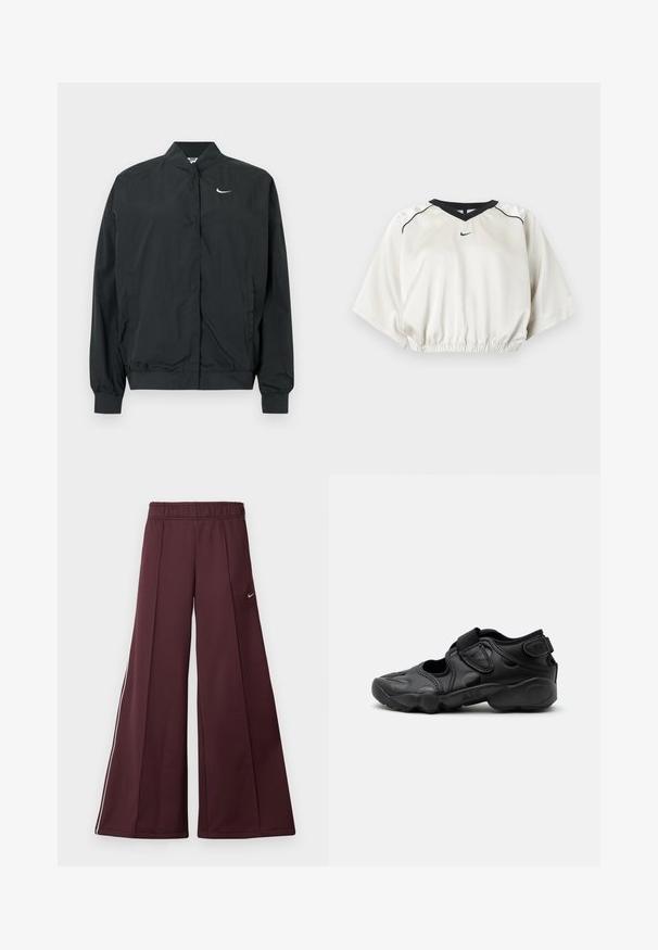 Sort Nike-jakke med en let, glat tekstur. Den har høj krave, frontlukning med trykknapper og et lille hvidt logo på brystet.; Hvid kort sportstop med sort V-hals kant, elastisk talje, korte brede ærmer og lille sort Nike-logo foran i midten.; Bordeaux bredde-bukser i et glat stof med elastisk talje og hvide striber på siden. Har et lille Nike-logo på venstre lår.; Sort atletisk sandal med lukket tå, velcro stropper ved mellemfoden og hælen samt tyk polstret sål markeret med "AIR" på siden.
