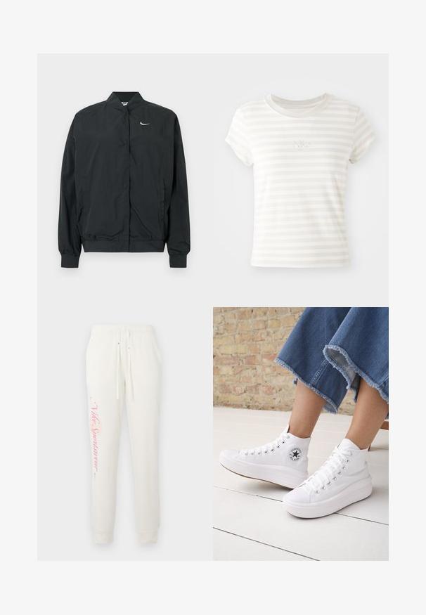 Sort Nike-jakke med en let, glat tekstur. Den har høj krave, frontlukning med trykknapper og et lille hvidt logo på brystet.; Hvidstribet kortærmet t-shirt lavet af blød bomuld. Har en rund halsudskæring og et lille broderet Nike-logo på brystet.; Hvide sweatpants med en tætsiddende design, prydet med et pink "Nike Sportswear" logo på det venstre ben og elastisk talje med snore.; Person iført hvide høje Converse-sneakers med tykke såler og beskårne blå jeans med flossede kanter mod en murstensvæg og hvidt gulv.