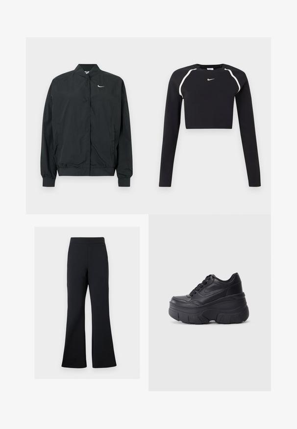 Sort Nike-jakke med en let, glat tekstur. Den har høj krave, frontlukning med trykknapper og et lille hvidt logo på brystet.; Sort langærmet cropped sports top med hvide buede skulderstriber og lille hvid Nike swoosh-logo i midten af brystet.; Sorte flared bukser lavet af blødt stof med elastisk talje og en diskret sidelomme, der har en glat tekstur og minimalistisk design.; Sorte snørebåndssneakers med en kraftig sål, der har en glat læderoverdel, rund tå og et markant lagdelt plade-design.
