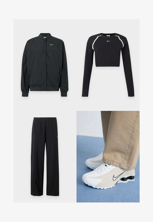 Schwarze Nike-Jacke mit leichtem, glattem Material. Sie verfügt über einen hohen Kragen, einen vorderen Druckknopfverschluss und ein kleines weißes Logo auf der Brust.; Schwarzes langärmliges, kurzes Sportoberteil mit weißen, geschwungenen Schulterstreifen und kleinem weißen Nike-Swoosh-Logo auf der Brustmitte.; Schwarze Nike Trainingshose mit lockerem Schnitt, elastischem Bund und dezentem weißem Swoosh-Logo an der linken Oberschenkel.; Weiße und beigefarbene Nike-Sneaker mit durchlöchertem Design, schwarzem Swoosh-Logo, strukturiertem Obermaterial und auffälliger, federnder schwarzer Ferse.