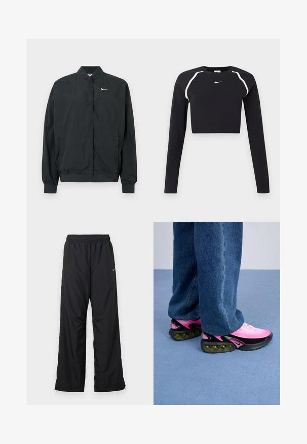 Μαύρο μπουφάν Nike με ελαφριά, απαλή υφή. Διαθέτει ψηλό γιακά, κλείσιμο με κουμπιά μπροστά και μικρό λευκό λογότυπο στο στήθος.; Μαύρο κοντό αθλητικό τοπ με μακριά μανίκια, με λευκές καμπύλες ρίγες στους ώμους και μικρό λευκό λογότυπο Nike στη μέση του στήθους.; Μαύρο αθλητικό παντελόνι με ελαστική ζωνη στη μέση, πλαϊνές τσέπες και χαλαρή εφαρμογή. Κατασκευασμένο από ελαφρύ, λείο ύφασμα με διακριτική γυαλάδα.; Αθλητικά παπούτσια με ροζ διαβαθμισμένο πάνω μέρος, μαύρες λεπτομέρειες και χοντρή σόλα που διαθέτει ορατές πράσινες φυσαλίδες απορρόφησης κραδασμών. Φορεμένα με μπλε τζιν παντελόνι.