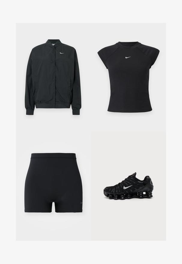 Čierna bunda Nike s ľahkou, hladkou textúrou. Má vysoký golier, zapínanie na cvočky vpredu a malý biely logo na hrudi.; Čierny top s krátkym rukávom so žíhanou textúrou, okrúhlym výstrihom a malým bielym logom Nike na hrudi.; Čierne športové šortky vyrobené z hladkého, elastického materiálu, s pásom strednej výšky a malým logom Nike na ľavej strane.; Čierna Nike športová obuv so strieborným logom Swoosh, sieťovinovým a syntetickým zvrškom a výraznou segmentovanou podrážkou s poduškami.