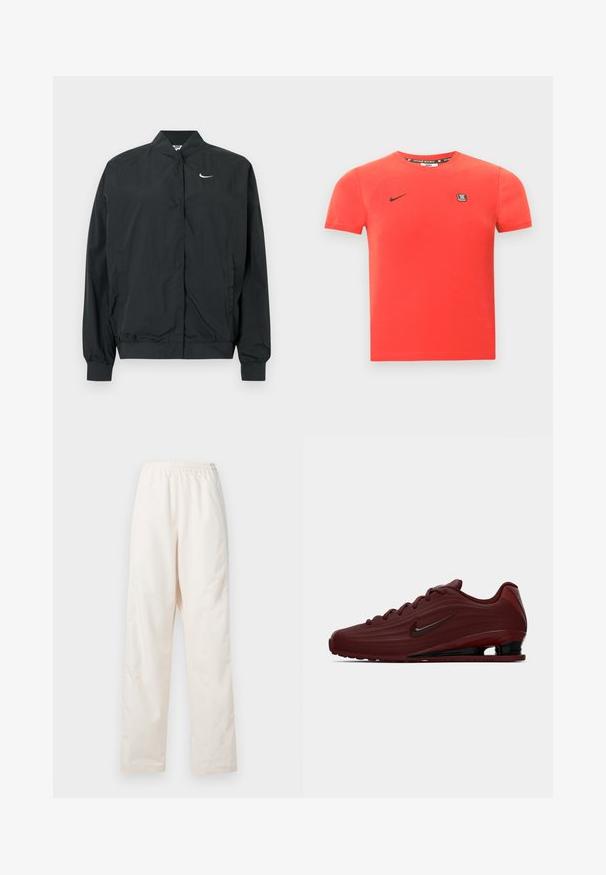 Chaqueta negra de Nike con una textura ligera y suave. Cuenta con un cuello alto, cierre frontal con botones a presión y un pequeño logo blanco en el pecho.; Camiseta de algodón roja con mangas cortas, con un logo negro de Nike y un pequeño parche de la marca en el pecho. Cuello redondo sencillo.; Pantalones de color crema con cintura elástica y corte de pierna recta, de ajuste suelto, exhibidos sobre un fondo blanco liso.; Zapatilla Nike en color burdeos con acentos en la suela, cordones y logo swoosh en negro, mostrada en perfil lateral sobre fondo blanco.