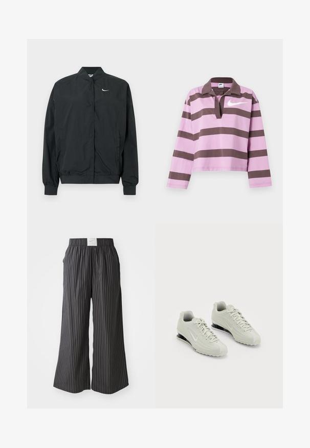 Chaqueta negra de Nike con una textura ligera y suave. Cuenta con un cuello alto, cierre frontal con botones a presión y un pequeño logo blanco en el pecho.; Camisa de rugby de manga larga con rayas horizontales en lavanda y marrón oscuro, cuello abierto y logo blanco de Nike en el pecho.; Pantalones de pierna ancha a rayas negras y grises con una cinturilla elástica y una etiqueta con el logo de Nike en la parte trasera. Tela ligera, diseño de ajuste holgado.; Zapatillas Nike blancas con una parte superior texturizada, que presentan una puntera lisa y detalles de amortiguación negros. Estilo de cordones con un talón reforzado.