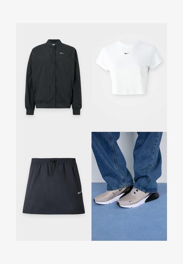 Μαύρο μπουφάν Nike με ελαφριά, απαλή υφή. Διαθέτει ψηλό γιακά, κλείσιμο με κουμπιά μπροστά και μικρό λευκό λογότυπο στο στήθος.; Λευκό κοντό μπλουζάκι από βαμβάκι, με κοντά μανίκια και στρογγυλή λαιμόκοψη, διακοσμημένο με το μαύρο λογότυπο της Nike στο στήθος.; Μαύρη αθλητική φούστα με ελαστική μέση και ρυθμιζόμενο κορδόνι, με μικρό λευκό λογότυπο Nike Swoosh στη δεξιά πλευρά.; Γκρίζα αθλητικά παπούτσια με πλέγμα στην επιφάνεια, μαύρες λεπτομέρειες και λευκή σόλα. Φορεμένα με χαλαρές μπλε τζιν παντελόνες, που καλύπτουν εν μέρει τις άκρες των παπουτσιών.