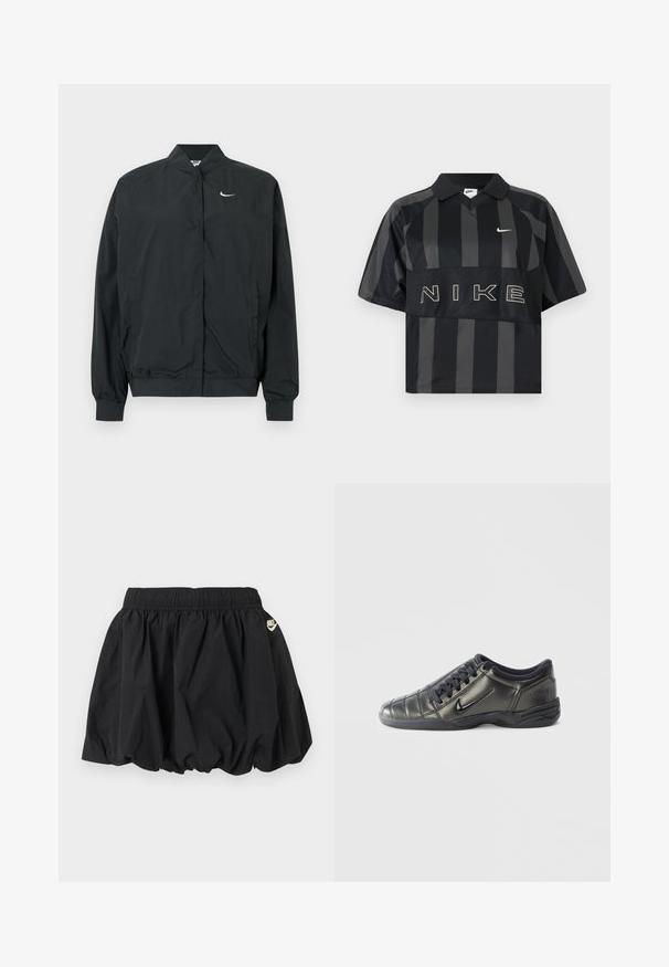 Μαύρο μπουφάν Nike με ελαφριά, απαλή υφή. Διαθέτει ψηλό γιακά, κλείσιμο με κουμπιά μπροστά και μικρό λευκό λογότυπο στο στήθος.; Μαύρο και σκούρο γκρι polo με κάθετες ρίγες και κοντά μανίκια της Nike, με γιακά, λευκό λογότυπο Nike και μεγάλο κείμενο NIKE στο στήθος.; Μαύρη μίνι φούστα Nike με ελαστική μέση και ρόδινο τελείωμα, με μικρό λευκό λογότυπο Nike στη δεξιά πλευρά.; Μαύρο χαμηλό Nike sneaker με κορδόνια, ραφές και υφή στην σόλα, σε λευκό απλό φόντο.