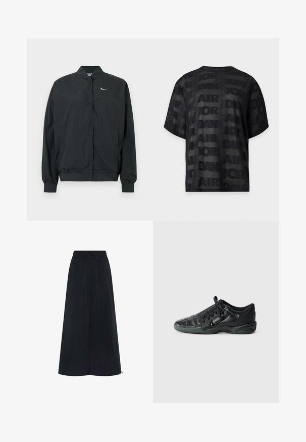 Must Nike jakk kerge, sileda tekstuuriga. Omaduseks kõrge krae, eesmine trukkidega sulgur ja väike valge logo rinnal.; Mustast lühikeste varrukatega võrksärk, millel kordub „Air Jordan“ tekstimuster ning väike Jordan Jumpman logo esiotsa kaeluse keskosas.; Mustad laiad püksid elastse vöökoht ja reguleeritava nööriga. Valmistatud kerge kangaga, millel on sile tekstuur. Ilma nähtavate mustriteta.; Must musta spordijalats, millel on kohandatud õmblustega disain, ümar varvas, kinnitusköidik ja kummitald. Küljel on peen brändimine.