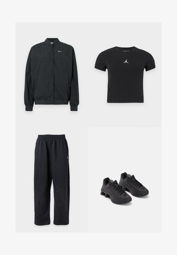 Schwarze Nike-Jacke mit leichtem, glattem Material. Sie verfügt über einen hohen Kragen, einen vorderen Druckknopfverschluss und ein kleines weißes Logo auf der Brust.; Schwarzes, kurzärmliges, verkürztes T-Shirt mit weißem Jumpman-Logo, das mittig auf der Brust vor einem schlichten Hintergrund platziert ist.; Schwarze locker sitzende Sweatpants mit elastischem Bund und kleinem weißem Logo auf der rechten Seite.; Schwarze Sportschuhe mit einem glatten synthetischen Obermaterial, strukturierten Akzenten, Schnürdesign und sichtbarer Federung im Fersenbereich.