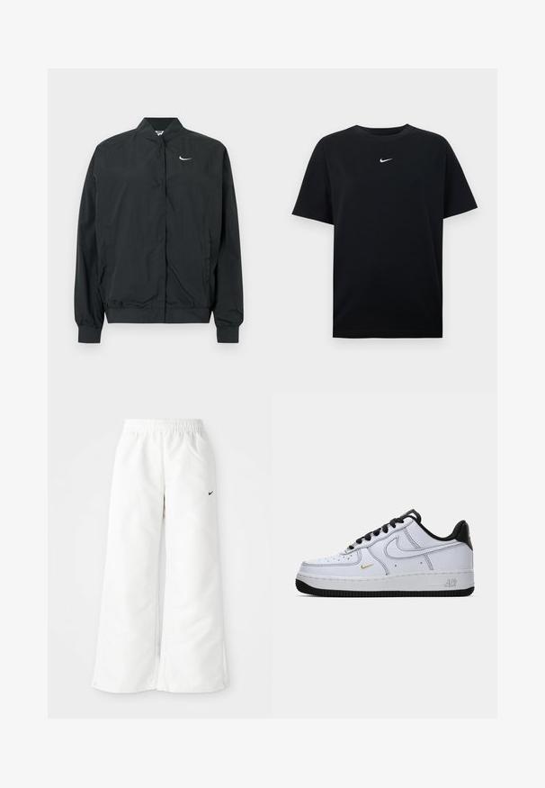 Black Nike jacket with a lightweight, smooth texture. Features a high collar, front snap closure, and a small white logo on the chest.; Black cotton t-shirt with a crew neck and short sleeves. Features a small white Nike logo centered on the chest. Smooth texture.; White athletic pants with a wide-leg design, elastic waistband, and a small black Nike logo on the left side. Smooth, lightweight material.; White low-top Nike Air Force 1 sneaker with black sole, black laces, black heel, and small gold swoosh on side.