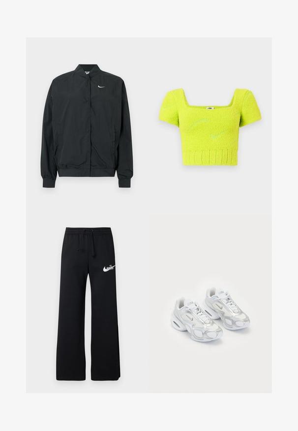 Čierna bunda Nike s ľahkou, hladkou textúrou. Má vysoký golier, zapínanie na cvočky vpredu a malý biely logo na hrudi.; Krátky rukáv cropped top z nadýchaného neónovožltého materiálu s štvorcovým výstrihom, ribbovaným lemom a jemnými vzorovými akcentmi.; Čierne tepláky z jemného materiálu s elastickým pásom so šnúrkou a bielym logom Nike na ľavej strane.; Biele športové topánky s vrchom z sieťoviny a striebornými akcentmi, unikátnym tvarom a vzduchovým odpružením v päte. Šnurovací dizajn s logom.