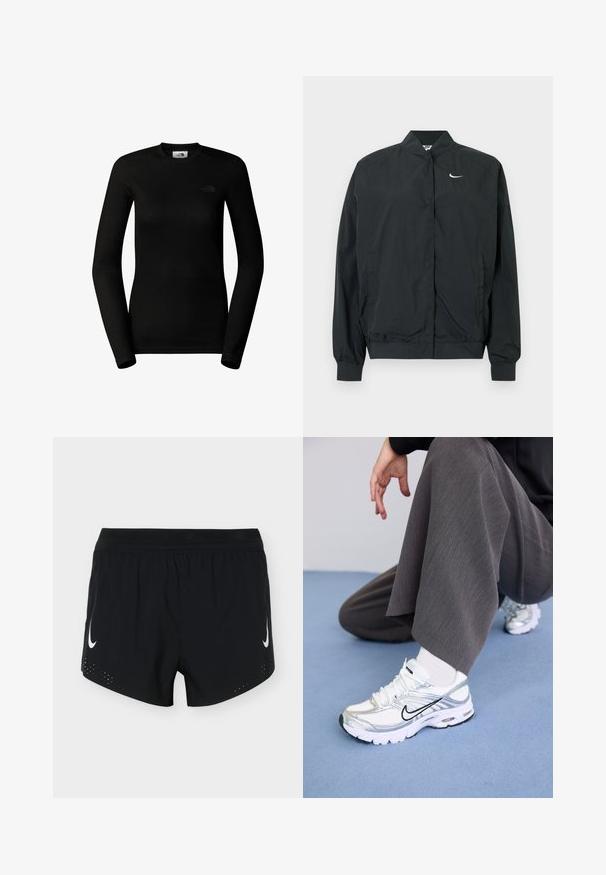 Sort Nike-jakke med en let, glat tekstur. Den har høj krave, frontlukning med trykknapper og et lille hvidt logo på brystet.; The North Face W EASY L/S CREW NECK - Langærmet T-shirt - tnf black; Sorte atletikshorts med elastisk talje, hvide Nike swoosh-logoer på begge ben og små ventilationshuller nær kanten.; Hvide og sølv atletik sko med meshej og syntetiske materialer, der har sorte accentlinjer, snørebånd og strukturerede såler.