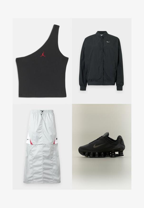 Veste Nike noire avec une texture légère et lisse. Dispose d'un col montant, d'une fermeture par boutons-pression à l'avant et d'un petit logo blanc sur la poitrine.; Haut court noir à une épaule avec logo Jumpman rouge brodé au centre de la poitrine sur un fond uni.; Jupe de sport longue gris clair en matière brillante et lisse ; comporte des accents rouges et blancs, une taille élastique, et le logo Nike sur le côté.; Baskets Nike noires avec tige zippée et semelle segmentée distinctive en forme de ressort, présentées de profil sur un fond neutre.