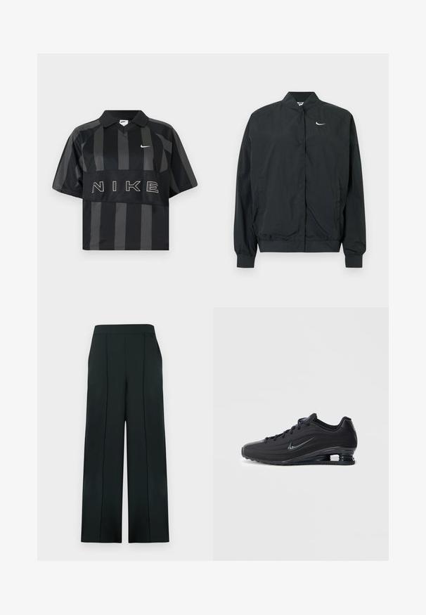 Veste Nike noire avec une texture légère et lisse. Dispose d'un col montant, d'une fermeture par boutons-pression à l'avant et d'un petit logo blanc sur la poitrine.; Polo Nike manches courtes à rayures verticales noires et gris foncé, col, virgule Nike blanche et grand texte NIKE sur la poitrine.; Pantalon noir à jambes larges en tissu lisse, avec une taille haute, des plis verticaux, sans quincaillerie ni poches visibles.; Baskets Nike noires avec une tige texturée, arborant un design élégant, une fermeture à lacets, et une unité d'air visible au talon. Accent de marque minimaliste.