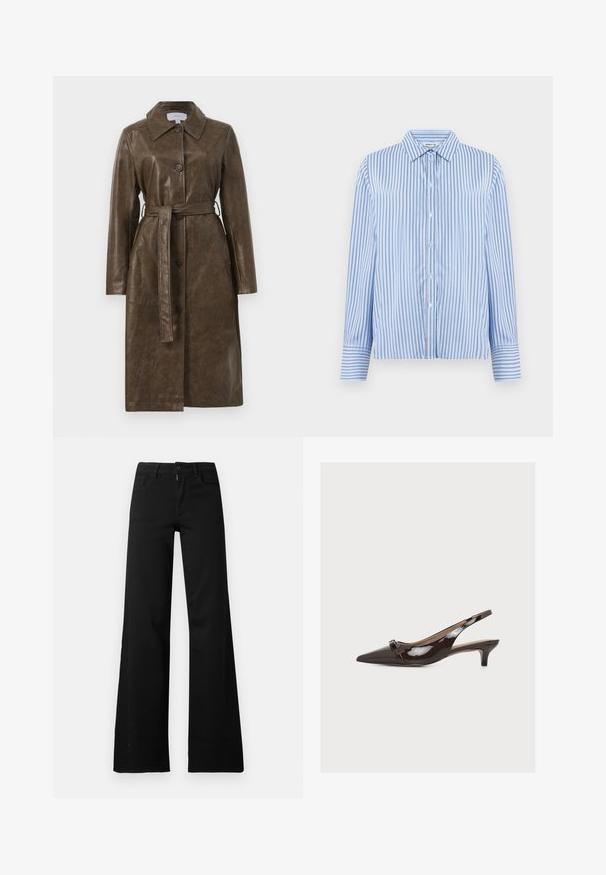 Brun kunstlæder trenchcoat med krave, lange ærmer, frontknapper og et matchende bælte i taljen. Glat struktur.; Button-up skjorte i lyseblå og hvide lodrette striber. Har krave og lange ærmer med knapmanchetter. Glat tekstur.; Sorte højtaljede bukser med vide ben med lukning foran med knap og lynlås, bæltestropper og forlommer på hvid baggrund.; Mørkebrun laklæder slingback-sko med spids tå, lille kitten heel og dekorativt frontremspænde.