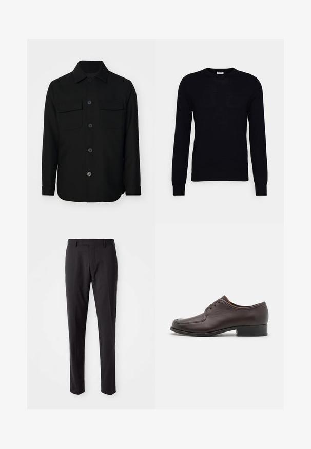 Sort skjortejakke lavet af et glat stof. Har en spids krave, frontknapper og to brystlommer med klapper. Lange ærmer.; Sort langærmet sweater lavet af blødt strikket materiale. Rund halsudskæring, ribbede manchetter og kant. Minimalistisk design uden synlige mønstre eller knapper.; Sorte skræddersyede bukser med flad front, slim fit, bæltestropper og en glat tekstur. Velegnet til formelt eller forretningsmæssigt tøj.; Brune lædersko til mænd med en glat overflade, rund tå og lukket snørebåndsdesign. Har en lav, stablet hæl og diskrete syninger.