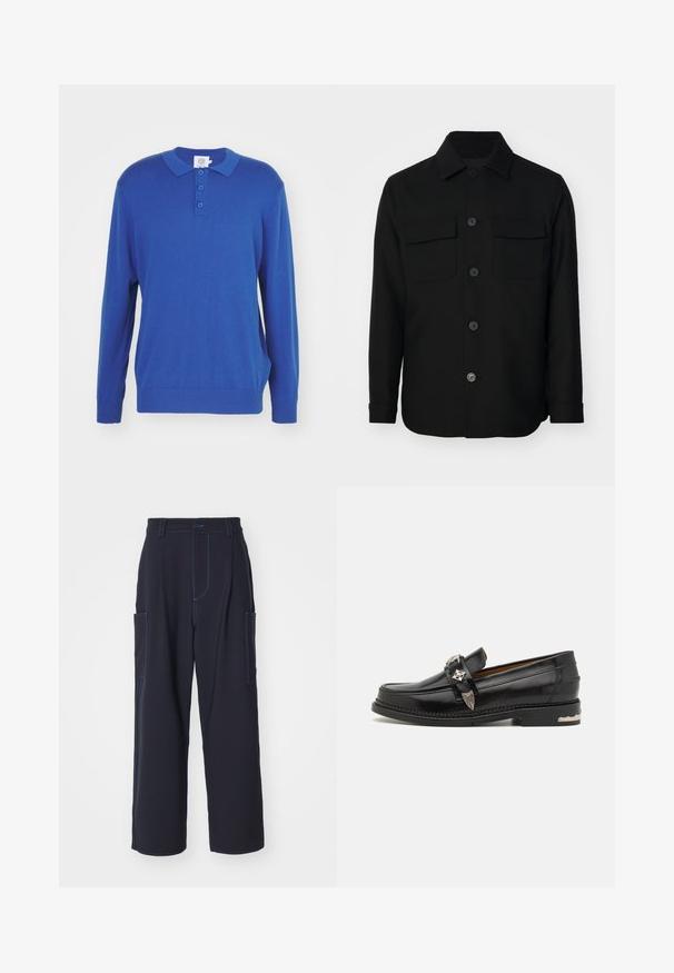 Zwarte shirtjack gemaakt van een gladde stof. Heeft een puntkraag, knopen aan de voorkant en twee borstzakken met kleppen. Lange mouwen.; Blauwe polo trui met lange mouwen, een kraag, drie knopen sluiting en geribbelde manchetten en zoom. Gemaakt van een zachte gebreide stof.; Marine cargobroek met blauwe stiksels, elastische tailleband, twee zijzakken, recht gesneden ontwerp en zachte stoftextuur.; Zwarte leren loafer met zilveren decoratieve hardware, een moccasinstijl bovenwerk, gedetailleerde stiksels en een gestapelde hak.