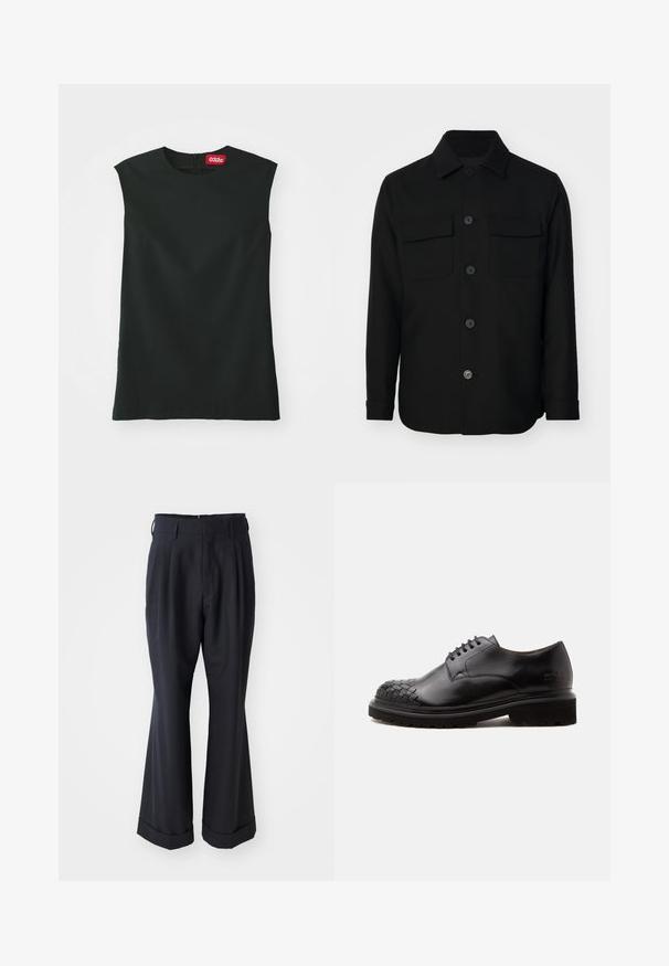 Veste noire en tissu lisse. Dotée d'un col pointu, de boutons sur le devant, et de deux poches poitrine avec rabats. Manches longues.; Un haut sans manches noir avec un col rond, en tissu lisse, et une fermeture éclair au dos. Il présente une petite étiquette rouge avec le logo "032c" au niveau du cou.; Pantalons noirs ajustés avec une coupe décontractée, devant plissé et jambes larges. Caractéristiques d'un ourlet à retournement et d'une texture de tissu lisse.; Chaussure habillée noire en cuir à lacets avec un détail tissé sur le bout et une semelle épaisse, vue du côté extérieur sur fond blanc.