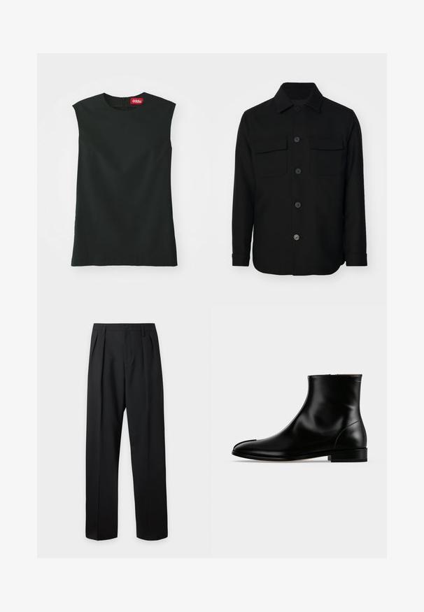Veste noire en tissu lisse. Dotée d'un col pointu, de boutons sur le devant, et de deux poches poitrine avec rabats. Manches longues.; Un haut sans manches noir avec un col rond, en tissu lisse, et une fermeture éclair au dos. Il présente une petite étiquette rouge avec le logo "032c" au niveau du cou.; Pantalon noir taille haute, sur-mesure, avec passants pour ceinture, plis sur le devant, fermeture par bouton et jambes droites larges sur fond clair.; Bottine en cuir noir poli avec un petit talon et une fermeture éclair latérale, design épuré et lisse sur un fond clair uni.