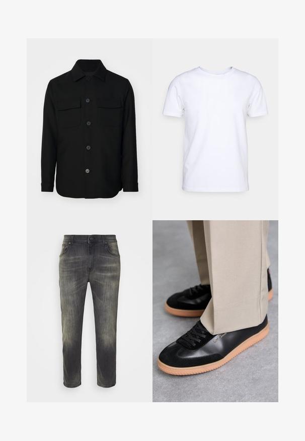 Veste noire en tissu lisse. Dotée d'un col pointu, de boutons sur le devant, et de deux poches poitrine avec rabats. Manches longues.; T-shirt blanc à manches courtes en tissu de coton avec un col rond. Design simple sans motifs ni accents. Texture lisse.; Jean gris foncé avec une finition délavée, coupe droite, cinq poches et fermeture à boutons à l'avant. Tissu en denim de coton, texture douce.; Paul Smith COMO - Baskets basses - black
