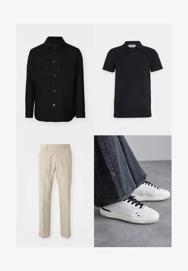 Chaqueta negra de camisa hecha de una tela suave. Presenta un collar puntiagudo, botones en la parte delantera y dos bolsillos en el pecho con solapas. Mangas largas.; Camisa polo negra de manga corta con un cuello clásico, fabricada en un tejido suave. Presenta una etiqueta con el nombre de la marca 'Filippa K' en el escote.; Pantalones beige ajustados hechos de una tela texturizada, con un frente plano, piernas rectas y una cintura tradicional con pasadores para cinturón.; Zapatillas blancas con cordones negros y detalles de malla. Presenta un upper de cuero liso y una suela de goma texturizada. Combinadas con unos vaqueros de pierna ancha en gris.