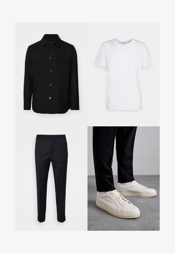 Veste noire en tissu lisse. Dotée d'un col pointu, de boutons sur le devant, et de deux poches poitrine avec rabats. Manches longues.; T-shirt blanc à manches courtes en coton. Il présente un col rond et une coupe décontractée sans motifs ni accents visibles.; Pantalon noir en tissu léger, avec une taille élastique, des poches latérales et des poignets roulés. Texture lisse avec des plis à l'avant.; Baskets en cuir beige clair avec des lacets plats, une surface texturée et une semelle en caoutchouc crème contrastante, associées à un pantalon noir fuselé.