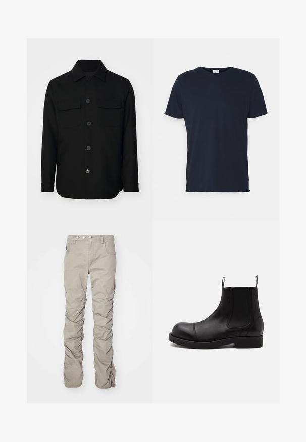 Veste noire en tissu lisse. Dotée d'un col pointu, de boutons sur le devant, et de deux poches poitrine avec rabats. Manches longues.; T-shirt en coton bleu marine avec un col rond et des manches courtes, présentant une texture lisse et un design simple, sans motifs ni accents visibles.; Pantalons en tissu texturé beige avec un design froncé, dotés d'une fermeture à bouton, de cinq poches et d'une coupe droite.; Bottine Chelsea en cuir noir à bout arrondi, panneaux latéraux élastiques, languettes à l’avant et à l’arrière, semelle plate, vue de côté sur fond blanc.