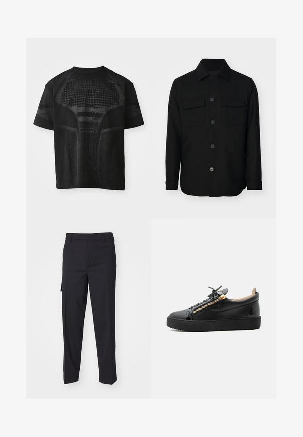 Zwarte shirtjack gemaakt van een gladde stof. Heeft een puntkraag, knopen aan de voorkant en twee borstzakken met kleppen. Lange mouwen.; Zwarte sport T-shirt met korte mouwen, voorzien van een gestructureerd patroon en subtiele "MISBHV SPORT" tekst aan de voorkant.; Zwarte broek van een gladde, geweven stof. Heeft een rechte snit, slim fit, riemlussen en een zijzak.; Zwarte leren sneaker met dikke zool, zijwaartse gouden rits en zwarte veters, getoond in profiel op een lichtgrijze achtergrond.