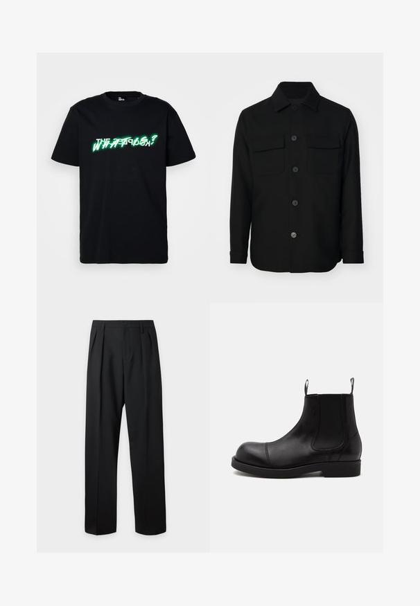 Zwarte shirtjack gemaakt van een gladde stof. Heeft een puntkraag, knopen aan de voorkant en twee borstzakken met kleppen. Lange mouwen.; Zwarte katoenen t-shirt met opvallende groene en witte grafische tekst "WHAT IS?" aan de voorkant. Ronde hals en korte mouwen.; Zwarte, hoog getailleerde, op maat gemaakte broek met riemlussen, voorplooien, knoopsluiting en rechte, wijde pijpen op een lichte achtergrond.; Zwarte leren Chelsea-boot met afgeronde neus, elastische zijpanelen, aantreklussen voor en achter, platte zool, van opzij getoond op witte achtergrond.