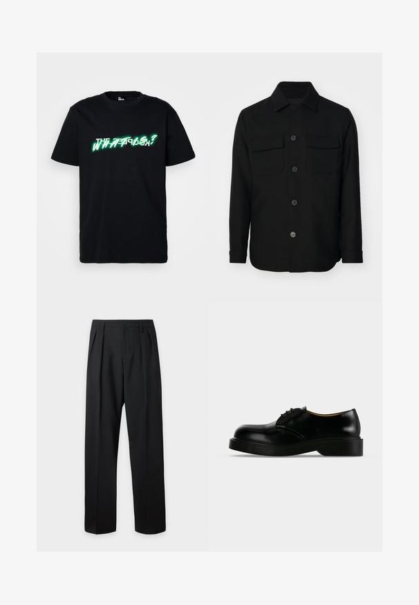 Zwarte shirtjack gemaakt van een gladde stof. Heeft een puntkraag, knopen aan de voorkant en twee borstzakken met kleppen. Lange mouwen.; Zwarte katoenen t-shirt met opvallende groene en witte grafische tekst "WHAT IS?" aan de voorkant. Ronde hals en korte mouwen.; Zwarte, hoog getailleerde, op maat gemaakte broek met riemlussen, voorplooien, knoopsluiting en rechte, wijde pijpen op een lichte achtergrond.; Zwarte gepolijste leren veterschoen met dikke zool, afgeronde neus en lage hak, zijaanzicht op een effen achtergrond.