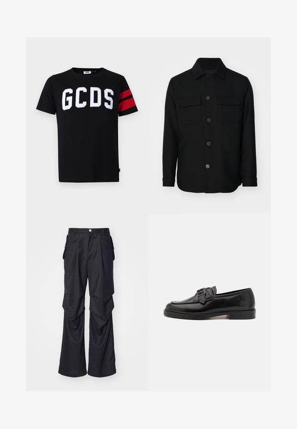 Zwarte shirtjack gemaakt van een gladde stof. Heeft een puntkraag, knopen aan de voorkant en twee borstzakken met kleppen. Lange mouwen.; Zwarte katoenen T-shirt met groot wit "GCDS" logo, rode gestreepte accenten op de mouwen, ronde hals en een standaard pasvorm.; Zwarte pinstripe broek met een wijde broekspijpen ontwerp, voorzien van plooien, zijzakken en een knoopsluiting aan de voorkant. Glad materiaal.; Zwarte leren instappers met een ronde neus en een decoratieve gesp. Platte, stevige hak en een gladde textuur overal.