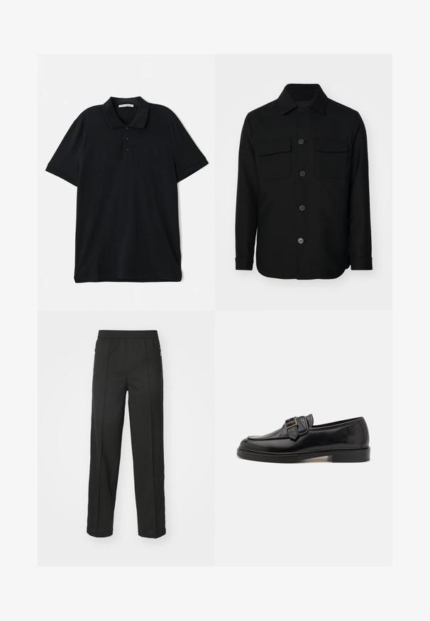 Chaqueta negra de camisa hecha de una tela suave. Presenta un collar puntiagudo, botones en la parte delantera y dos bolsillos en el pecho con solapas. Mangas largas.; Polo negro de algodón, con cuello clásico, tapeta de tres botones, mangas cortas y un discreto detalle del logo en la parte frontal.; Pantalones negros de tejido elástico, con corte recto, bolsillos con cremallera lateral y una textura suave sin patrones visibles.; Mocasines de cuero negro con punta redonda y un acento decorativo de hebilla. Tacón plano y sólido, con una textura suave en todo el zapato.