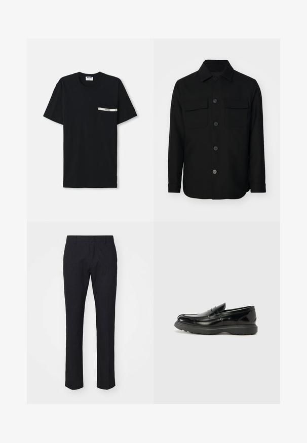 Veste noire en tissu lisse. Dotée d'un col pointu, de boutons sur le devant, et de deux poches poitrine avec rabats. Manches longues.; T-shirt en coton noir à manches courtes, col rond, avec une poche gauche ornée d'une bande blanche et d'un détail logo.; Pantalon bleu marine avec une coupe ajustée, fabriqué en tissu lisse. Il présente un devant plat, des passants de ceinture et des jambes droites avec un ourlet soigné.; Mocassin en cuir noir avec une finition brillante, bout arrondi, détails de couture subtils et semelle en caoutchouc épaisse pour la durabilité.