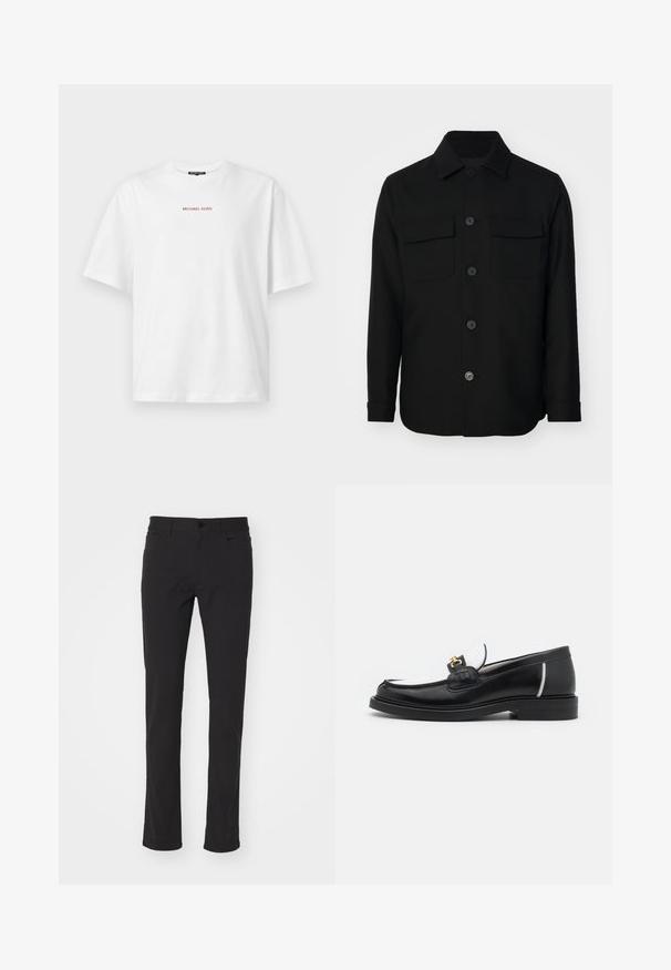 Chaqueta negra de camisa hecha de una tela suave. Presenta un collar puntiagudo, botones en la parte delantera y dos bolsillos en el pecho con solapas. Mangas largas.; Camiseta blanca de manga corta con cuello redondo y pequeño texto rojo "MICHAEL KORS" centrado en el pecho.; Pantalones ajustados de color negro, fabricados con una mezcla de algodón, que cuentan con una cinturilla estándar, pasadores para cinturón y bolsillos delanteros y traseros.; Mocasín de piel negra con punta redondeada, acentos en blanco y herrajes dorados en la parte superior. Presenta un parche texturizado y un tacón apilado.