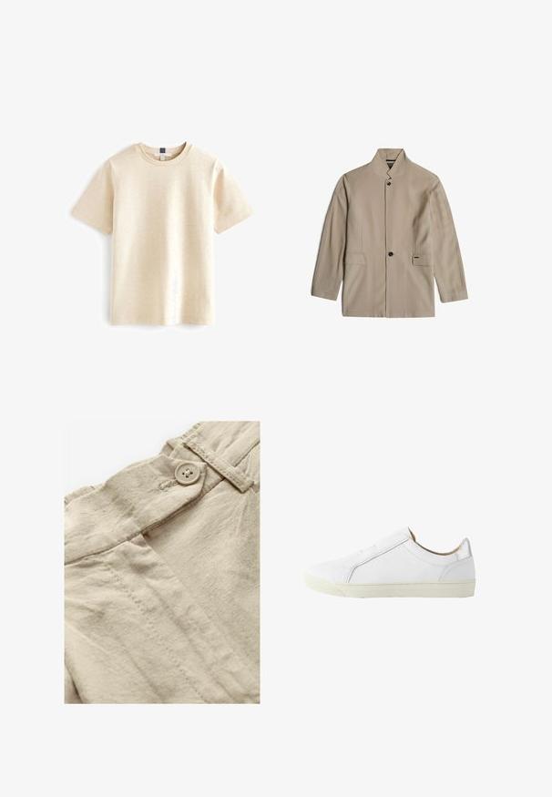 Beige Jacke mit hohem Kragen, frontaler Knopfleiste und zwei Seitentaschen. Hergestellt aus einem glatten Stoff mit klaren Linien und minimalem Hardware-Einsatz.; Beige T-Shirt mit kurzen Ärmeln aus weicher Baumwolle, mit einem runden Ausschnitt und einem entspannten Schnitt mit subtiler Textur.; Beige Leinenstoff mit sichtbarem Knopfverschluss und Nähdetails. Die Textur ist leicht zerknittert und zeigt ein weiches, natürliches Finish.; Weißer flacher Leder-Sneaker mit seitlichem Reißverschluss, beigem Innenfutter und elfenbeinfarbener Gummisohle, von der Außenseite gezeigt.