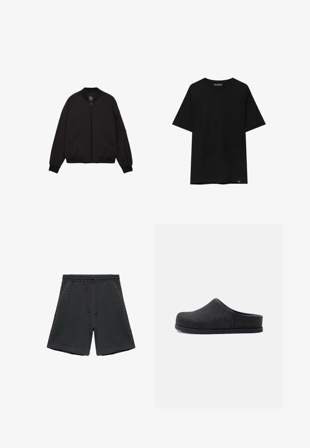 Veste bomber noire avec fermeture éclair à l'avant, deux poches latérales et une poche zippée sur la manche gauche, col et poignets côtelés.; T-shirt noir à manches courtes en coton, avec un col ras du cou et une petite étiquette de marque en bas à gauche.; Short noir à cordon de serrage avec ceinture élastique et petits clous argentés disposés verticalement le long des deux coutures latérales, posé à plat sur un fond blanc.; Sabot noir à enfiler, à bout fermé et dos ouvert, avec une semelle plate et un logo de marque discret sur le côté.