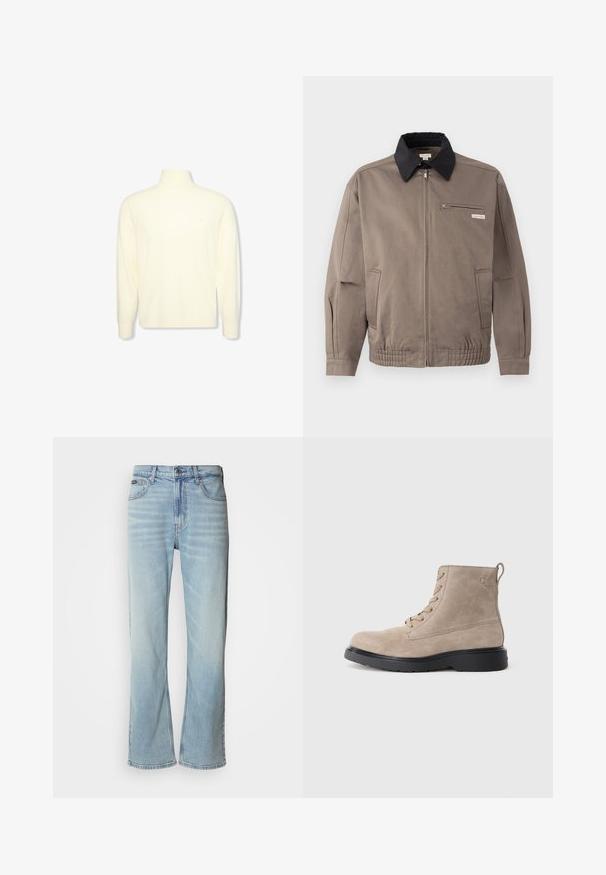 Grå jakke med sort krave, front lynlås og brystlomme. Har elastiske manchetter og linning, lavet af slidstærkt stof.; Kremfarvet langærmet højhalset sweater med ribbet manchetter og et diskret logo på brystet, vist på en ensfarvet hvid baggrund.; Lyseblå denimjeans med lige ben, der har fem lommer, knaplukning og en subtil falmning på stoffet.; Beige ruskindsankelstøvler med sort gummisål, snørelukning og et lille logo præget på siden, med en løftestrop bagpå.
