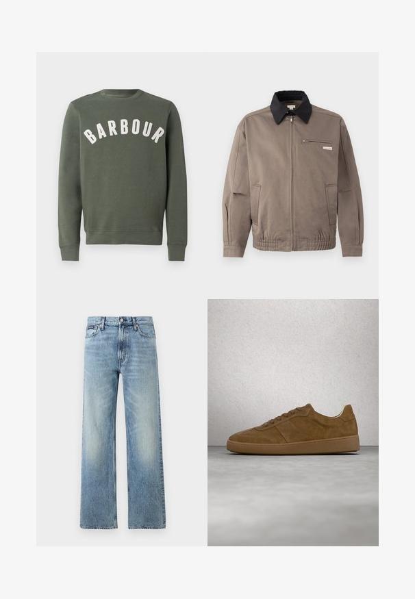 Veste grise avec un col noir, fermeture éclair sur le devant et une poche poitrine. Dispose de poignets et d'une taille élastiques, fabriquée en tissu durable.; Barbour PREP LOGO CREW NECK - Sweatshirt - thyme; Jean droit en denim bleu clair avec taille haute, cinq poches, fermeture à boutons et léger délavage sur les cuisses et les genoux.; Baskets en daim marron avec des lacets couleur fauve et une semelle en caoutchouc. Présente un bout arrondi et des détails cousus sur la tige. Design léger.