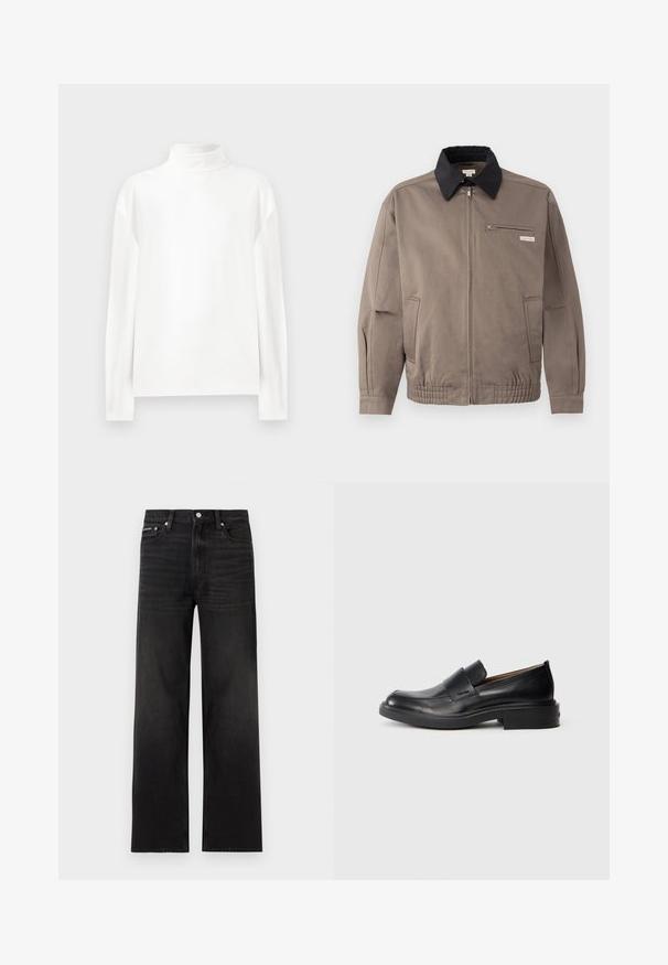 Veste grise avec un col noir, fermeture éclair sur le devant et une poche poitrine. Dispose de poignets et d'une taille élastiques, fabriquée en tissu durable.; Haut à manches longues blanc en col roulé avec une texture lisse, présentant un col haut et des coutures d'épaule tombantes pour un ajustement décontracté.; Jean noir droit avec cinq poches, passants pour ceinture et fermeture par bouton, présenté sur un fond blanc.; Chaussure habillée noire en cuir, à enfiler, avec un petit talon et un logo Calvin Klein discret sur le côté, présentée de profil sur un fond blanc.
