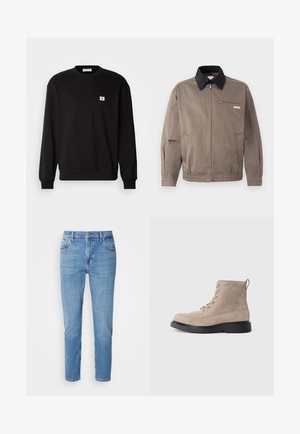 Grijze jas met een zwarte kraag, een ritssluiting aan de voorkant en een borstzak. Beschikt over elastische manchetten en een tailleband, gemaakt van duurzaam materiaal.; Zwarte katoenen crewneck sweatshirt met lange mouwen, voorzien van een klein, rechthoekig logo-patch op de borst en geribbelde manchetten.; Lichtblauwe denim jeans met een rechte pasvorm, vijf zakken en subtiele vervaging. Voorzien van een knoopsluiting en riemlussen.; Beige suède enkellaarsjes met zwarte rubberen zool, vetersluiting en een klein logo dat aan de zijkant is gedrukt, voorzien van een trekloop aan de achterkant.