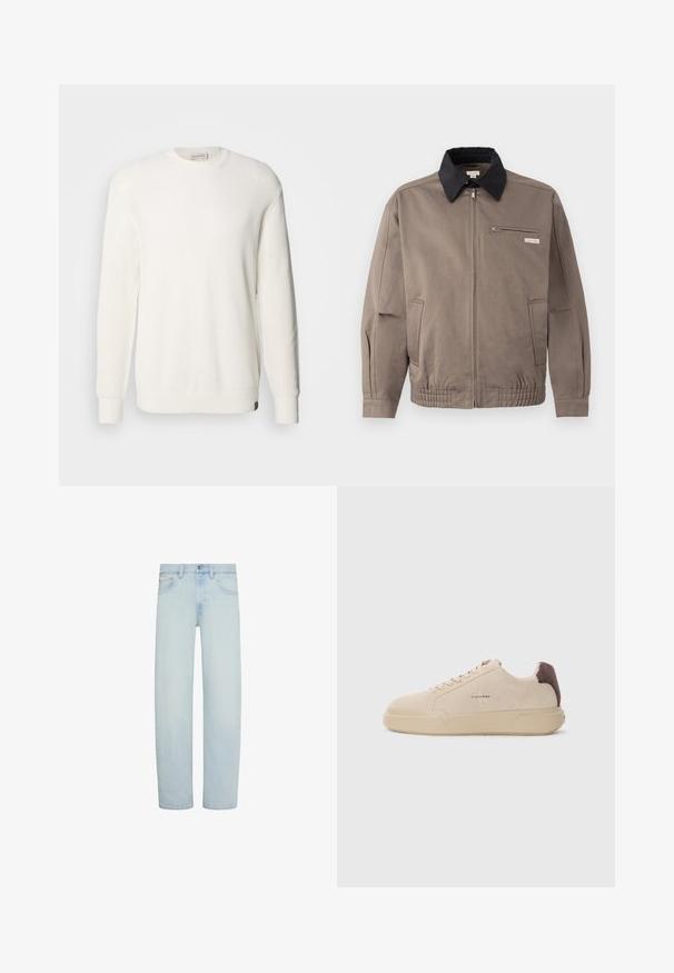 Sivá bunda s čiernym golierom, predným zipsom a vreckom na hrudi. Má elastické manžety a pás, vyrobená z odolnej textílie.; Calvin Klein Jeans CREW - Svetrík - tofu; Svetlomodré rifle z denimu s rovným strihom nohavíc, predným zapínaním na gombík a zips, pútkami na opasok a prednými vreckami.; Bežové semišové tenisky s okrúhlou špičkou, šnúrkovým uzatváraním vpredu a hnedým semišovým akcentom na podpätku. Obsahujú štruktúrovanú gumovú podrážku.