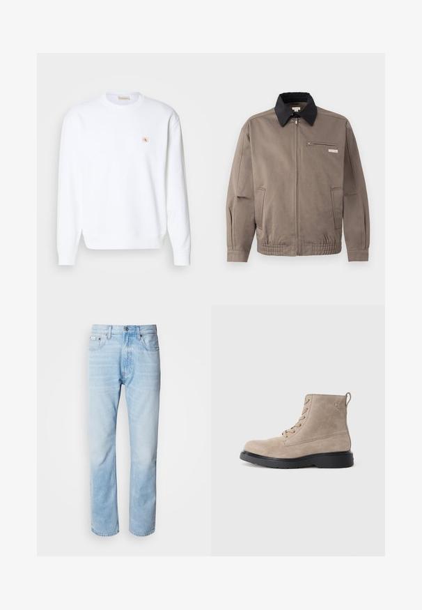 Grijze jas met een zwarte kraag, een ritssluiting aan de voorkant en een borstzak. Beschikt over elastische manchetten en een tailleband, gemaakt van duurzaam materiaal.; Witte sweatshirt met lange mouwen, ronde hals en geribde manchetten. Heeft een klein logo in rood en beige op de linkerkant van de borst. Smooth textuur.; Lichtblauwe denim jeans met een rechte pijp, met vervaagde delen, vijf-pocket ontwerp en een klassieke knoopsluiting.; Beige suède enkellaarsjes met zwarte rubberen zool, vetersluiting en een klein logo dat aan de zijkant is gedrukt, voorzien van een trekloop aan de achterkant.